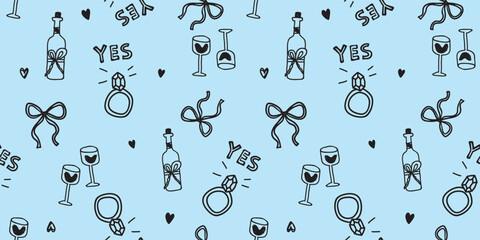 Seamless Wedding Proposal Pattern on Light Blue Background. Engagement Ring, Champagne Bottle, Wine Glasses and Hearts Doodle Vector Illustration Background. © Ira