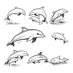 Bottlenose Dolphin Vector Illustration Set Featuring Jumping and Swimming Poses in Detailed Hand Drawn Black and White Vintage Line Art Style © Chairul