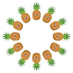 Obraz premium Cute kawaii pineapple characters round circle frame template design