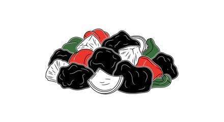 Pile of assorted dried fruits and nuts, healthy snack ingredients, top view illustration