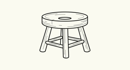 Simple Wooden Stool with Three Legs, Hand-Drawn Sketch Style