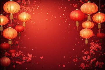 Fototapeta premium Vibrant red background with decorative lanterns for Chinese New Year celebration. Colorful red background features a beautifully and glowing lanterns, creating a festive atmosphere for Chinese New Yea