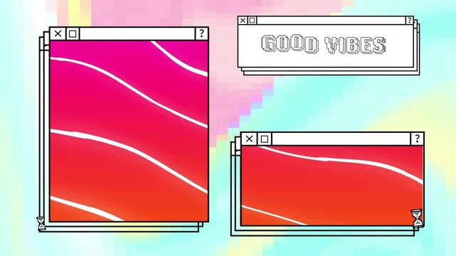 Animation of good vibes text and lines on windows with egg timer over colourful computer desktop