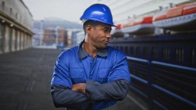 Man wearing blue hardhat and coveralls with crossed arms on a ship deck near lifeboats and railings, construction worker building; confidence competence.