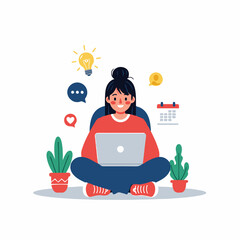 Fototapeta premium flat vector illustration of a cheerful young freelancer working from home
