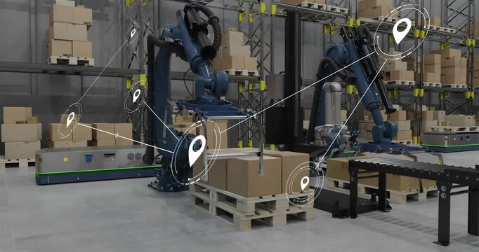 Animation of network of connections with icons over robot in warehouse