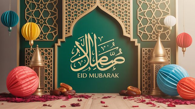 Eid Mubarak premium vector illustration with luxury design. Blue pink gradient Eid Mubarak background with star and moon. Islamic light design with white Eid Mubarak design