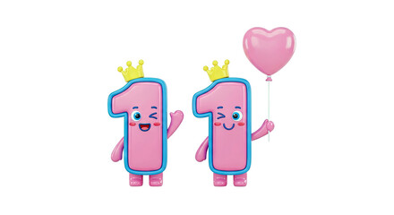 Cute 3D Pink Number 11 with Crowns and Heart Balloon