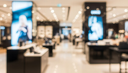 Obraz premium Soft bokeh view of department store space with organized fixtures and ambient lighting, ideal as a background for business, sales, or consumer concepts.