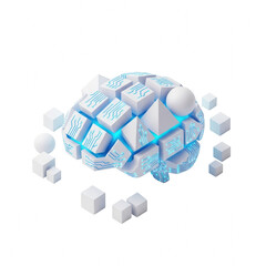 A brain made of cubes and blue lines on a white background isolated on transparent background