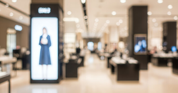 Abstract blurred store setting with modern architecture, glowing lights, and open walkway, representing commerce, fashion retail, and indoor shopping activity.