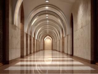 Fototapeta premium A long hallway with arched ceilings and white walls