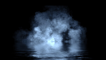Fototapeta premium Blaze blue fire flame texture overlays on isolated background with water reflection.