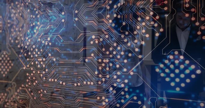 Glowing connections overlaying circuit board pattern on abstract animation background