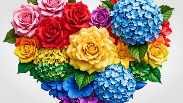 A heart-shaped arrangement of vibrant flowers in various colors, including roses and hydrangeas, against a light gray background