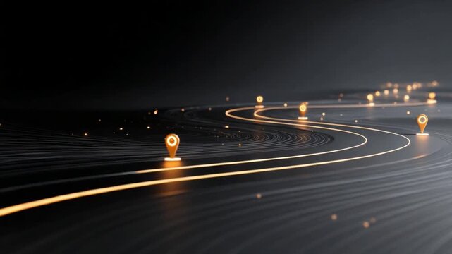Navigational Odyssey: A winding, illuminated path symbolizes a journey's route, dotted with golden location markers, all against a dark background, evoking the essence of exploration and discovery.