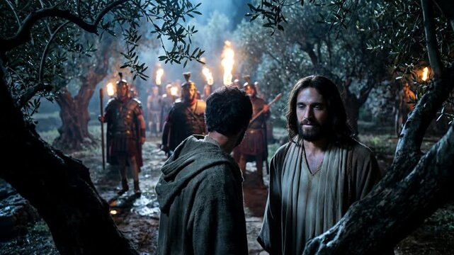 Judas betrays Jesus with a kiss as Roman soldiers approach in the garden of Gethsemane during this biblical betrayal sequence.