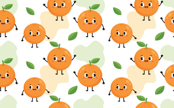 Seamless pattern with cute orange fruit characters leaves and abstract shapes