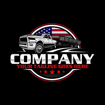 American Pickup Truck with Dump Trailer Logo Design, Heavy Duty Hauling Transport Vector Illustration