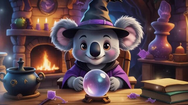 A cartoon koala in a witch's hat and purple cape sits at a wooden table, gazing into a crystal ball with a cauldron and books nearby in a dimly lit room