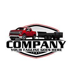 American Pickup Truck with Dump Trailer Logo Design, Heavy Duty Hauling Transport Vector Illustration