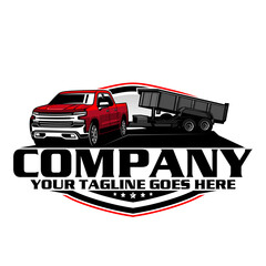 American Pickup Truck with Dump Trailer Logo Design, Heavy Duty Hauling Transport Vector Illustration