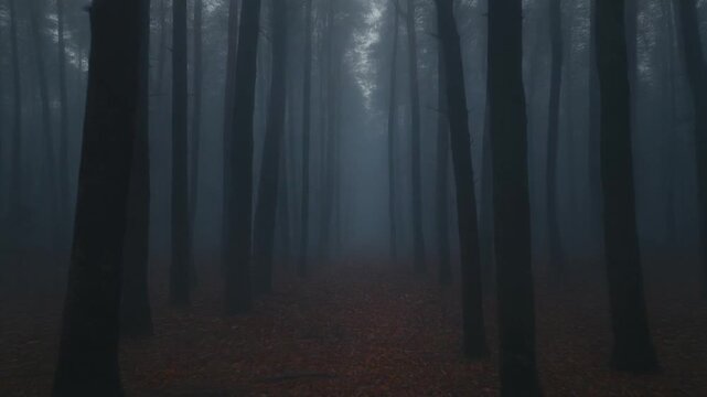 A dark forest scene with tall trees, a foggy atmosphere, and a carpet of brown leaves on the ground