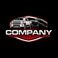 American Pickup Truck with Dump Trailer Logo Design, Heavy Duty Hauling Transport Vector Illustration
