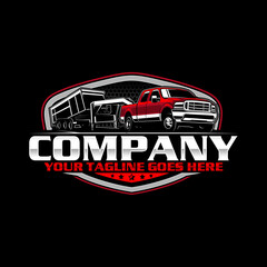 American Pickup Truck with Dump Trailer Logo Design, Heavy Duty Hauling Transport Vector Illustration