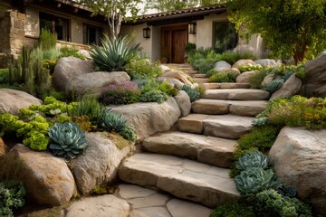 Obraz premium Stone steps leading to mediterranean style house entrance