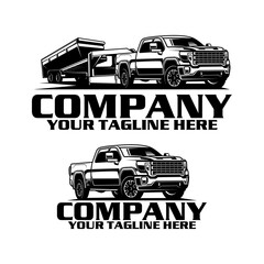 American Pickup Truck with Dump Trailer Logo Design, Heavy Duty Hauling Transport Vector Illustration