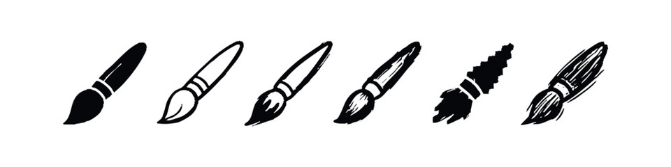 Naklejka premium Diverse Paint Brush Icons: Solid, Outline, Sketch, and Pixel Art Styles.