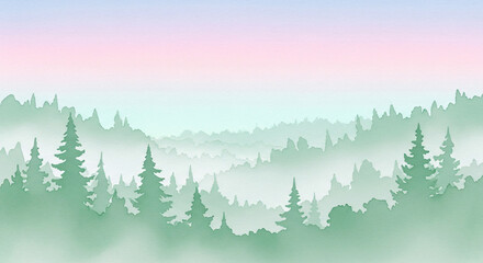 Fototapeta premium Misty evergreen forest at dawn with pastel sky and layered depth