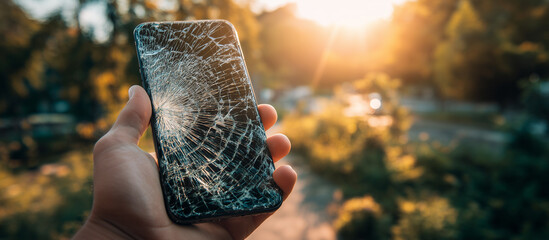 mobile phone with smashed screen in outdoor
