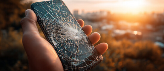 mobile phone with smashed screen in outdoor