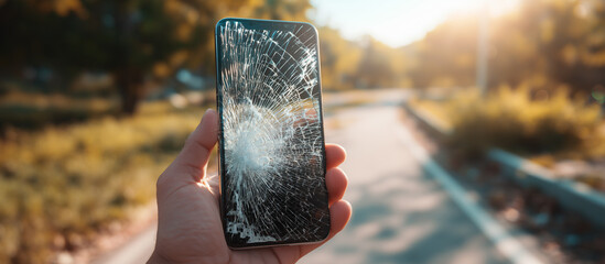 mobile phone with smashed screen in outdoor
