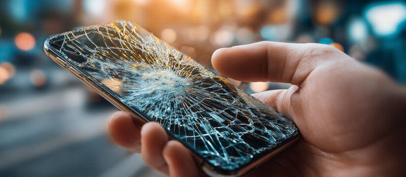 mobile phone with smashed screen in outdoor