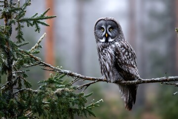 Obraz premium Great grey owl wildlife bird perched in winter forest