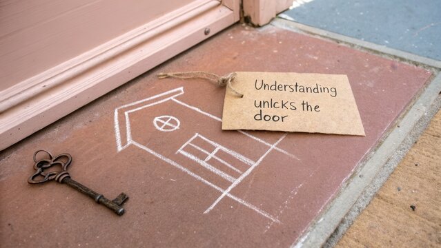 Hand-drawn house and key unlock door with understanding