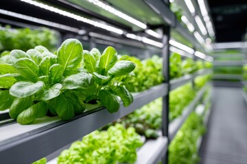 Fresh green plants growing in vertical farming system