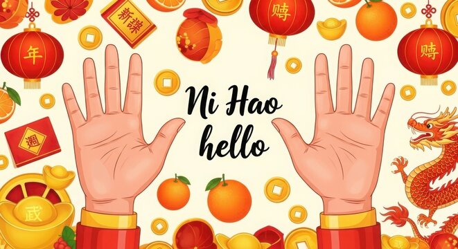 A chinese new year greeting with hands and decorations illustration