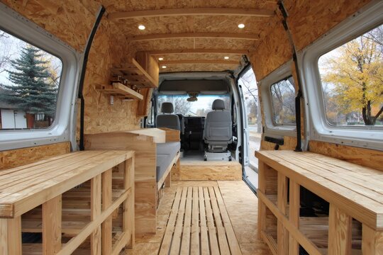 Camper van conversion interior featuring wood and osb panels