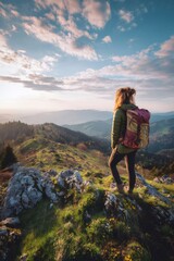 Obraz premium Woman hiking enjoying mountain view at sunset