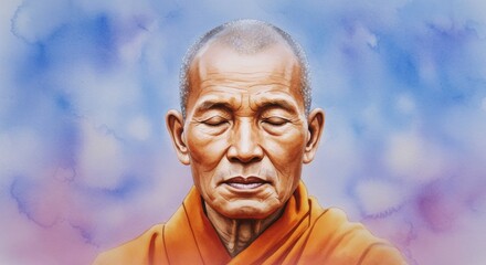 Serene Monk in Meditation Watercolor Painting