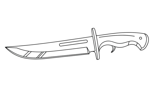 Detailed black and white line art illustration of a tactical combat knife with a serrated blade and ergonomic handle for military use.