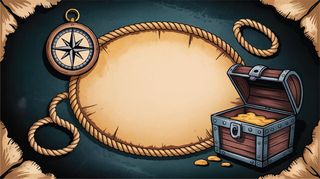 Pirate treasure elements surround a blank oval label on aged parchment with compass, chest, and rope border.
