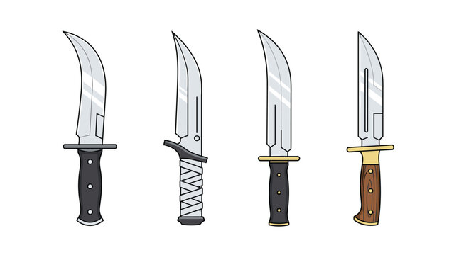Collection of four tactical and survival knives with various blade shapes and handle designs are displayed on a white background.