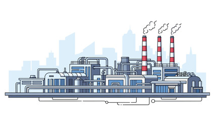 Obraz premium Large industrial factory complex with tall smoking chimneys stands against a city skyline as a symbol of manufacturing and urban industry.