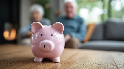 Obraz premium A picture of a piggy bank on a table, retirement planning. A blurry image of an elderly person sitting on a sofa.