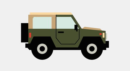 Green military jeep with canvas top and spare tire. © Abhinaya Project